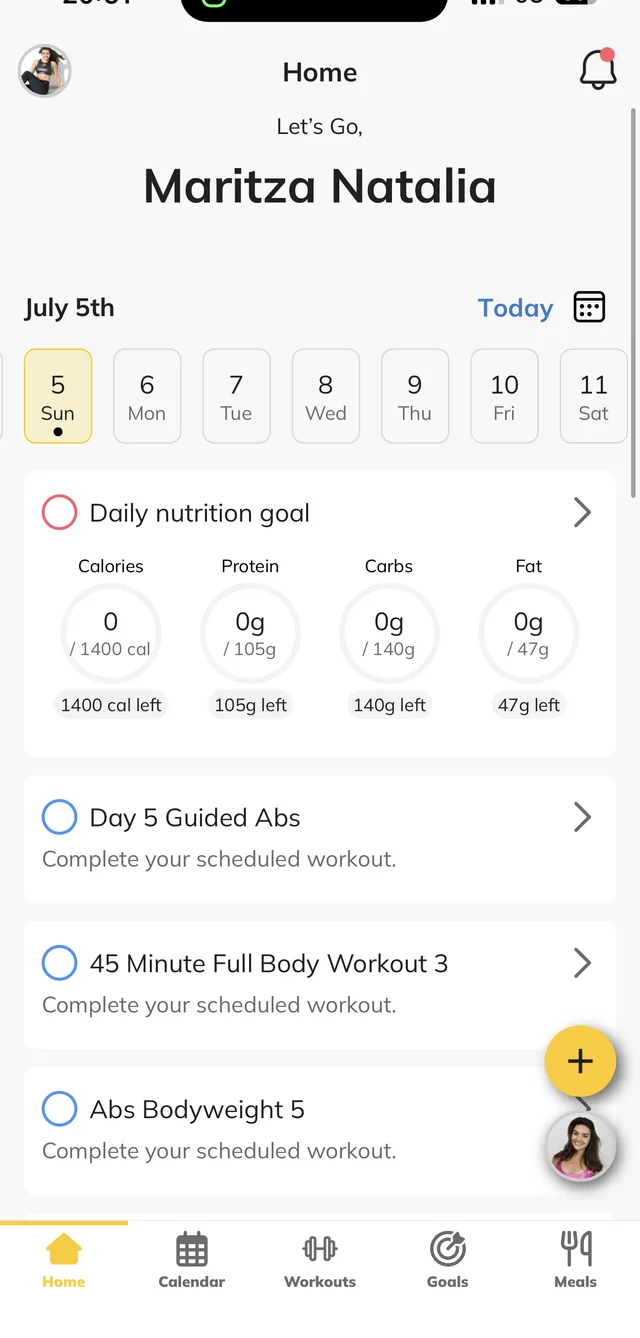 Home dashboard: daily nutrition goal, water, scheduled workouts